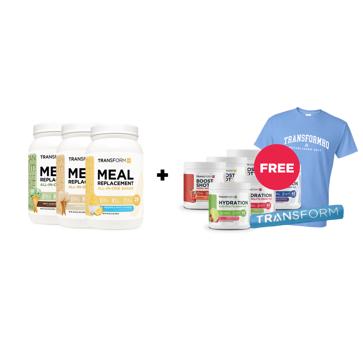 Buy 3 Shakes, Get 3 Boost Shots, 3 Hydrations, Transform Towel, and College T-Shirt Free