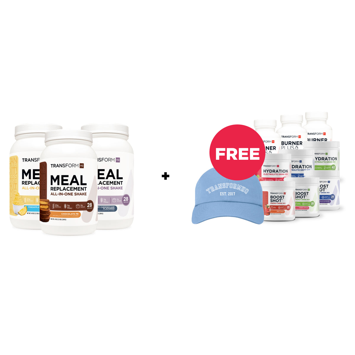 Buy 3 Shakes, Get 3 Boost Shots, 3 Hydrations, 3 Burner Plus, and Blue TransformHQ Hat Free