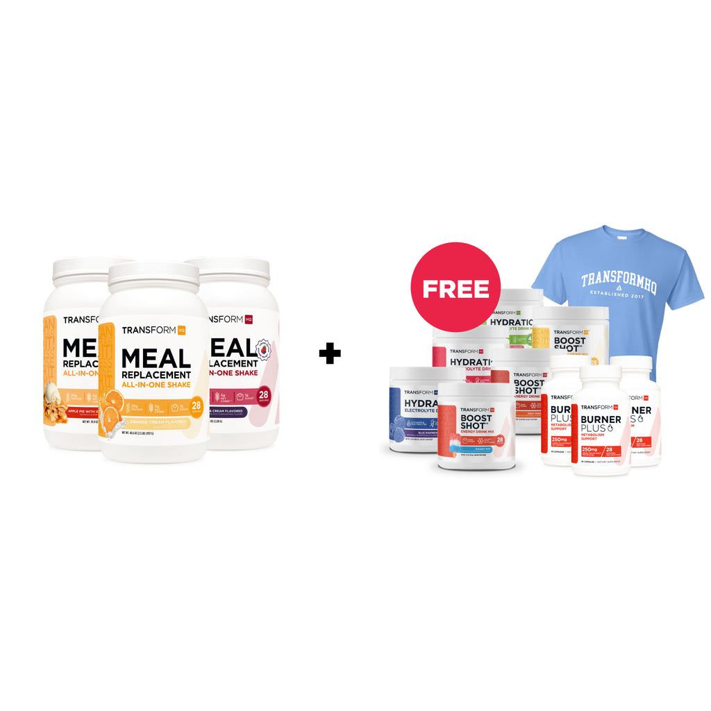 Buy 3 Shakes, Get 3 Boost Shots, 3 Hydrations, 3 Burner Plus & College T-Shirt Free
